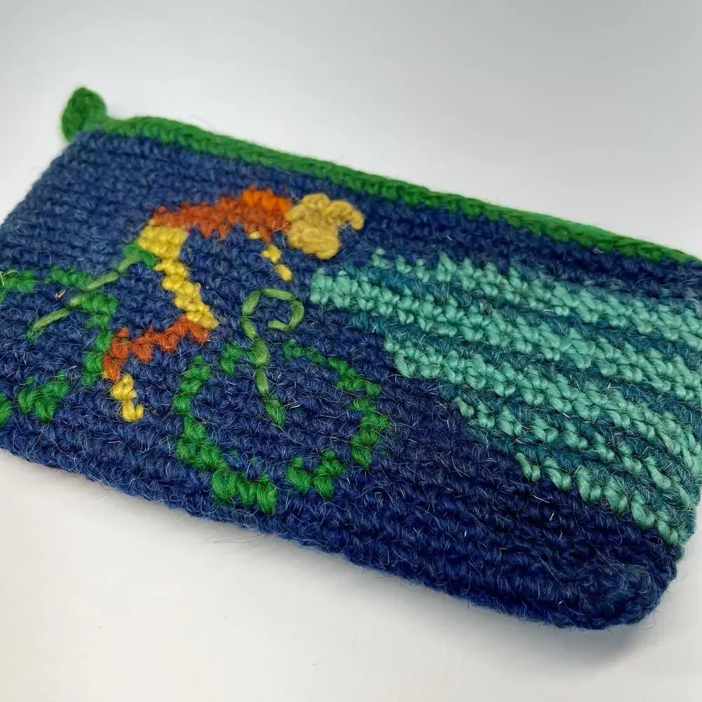 Handmade Wool Crochet Bag Pouch BoHo Zip Closure Lined Cycling Skiing Blue Green